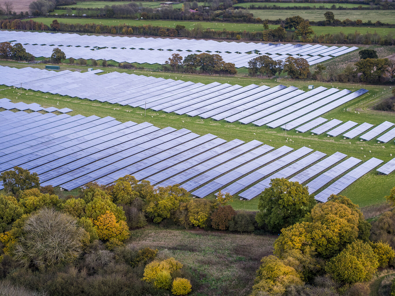 Aerial view of a large solar farm with rows of solar panels surrounded by green fields and trees in autumn colours.