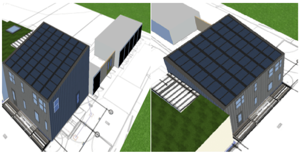 Two digital renderings of a modern building with a flat roof covered in solar panels, viewed from different angles on a plotted site plan.