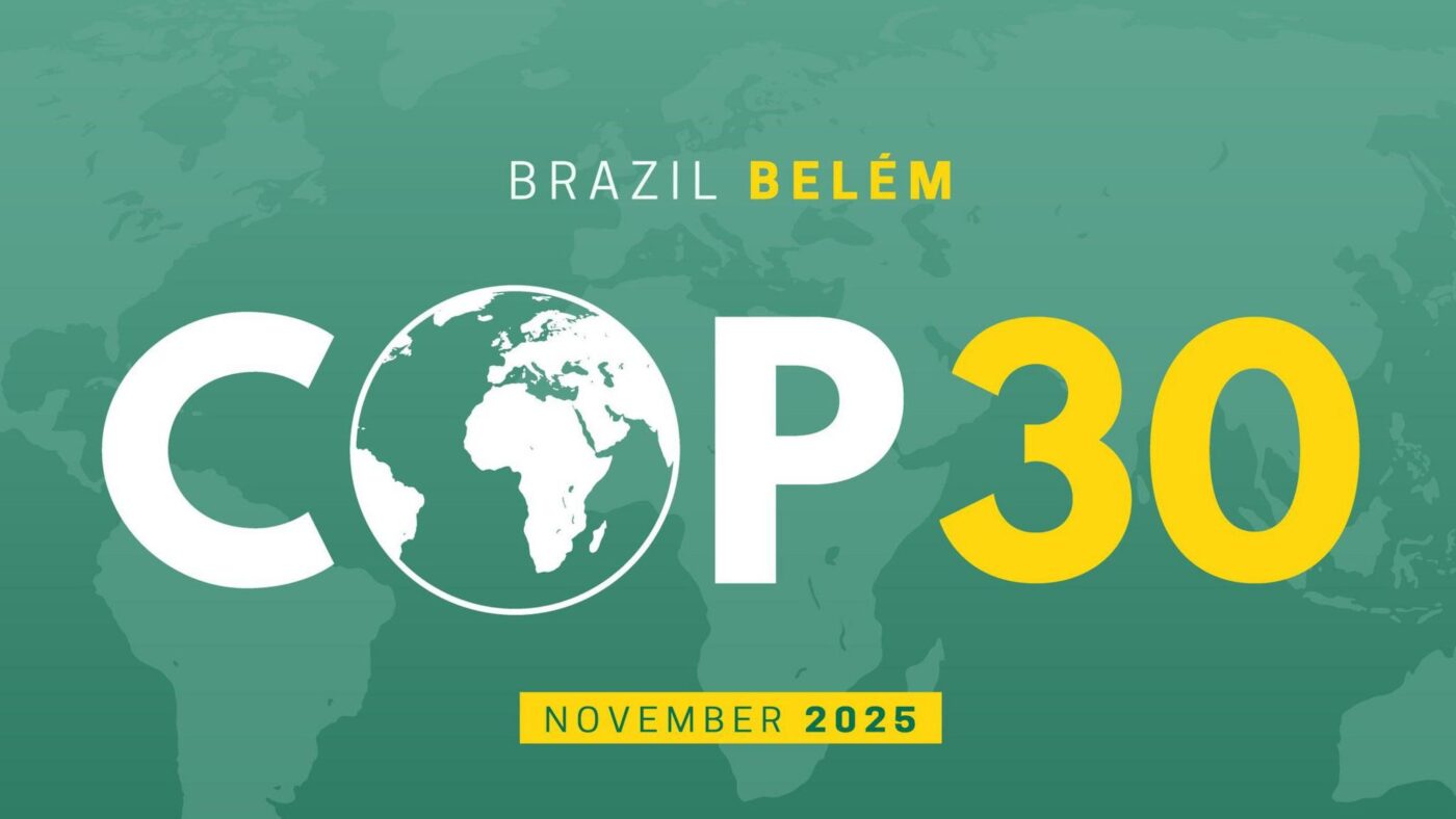 COP30 event logo with text Brazil Belém, COP 30, November 2025 on a green world map background, featuring a globe design inside the letter O and referencing the legacy of COP29.