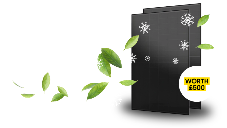 Two black solar panels, symbolising renewable energy, are surrounded by green leaves and white snowflakes, with a yellow circle stating WORTH £500.